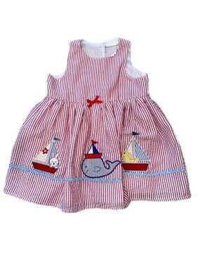 Elegant Baby 12M Seersucker Dress/Bloomers Set/Red/White Striped Whale Sailboat